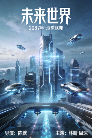 科幻剧《未来世界》海报 - 高科技城市与悬浮交通工具